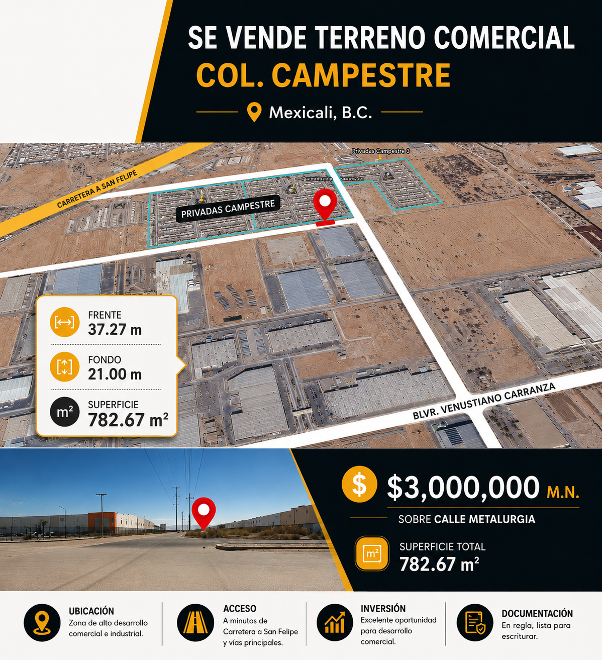 Terreno Comercial en venta en Col. Campestre, Mexicali, B.C.
