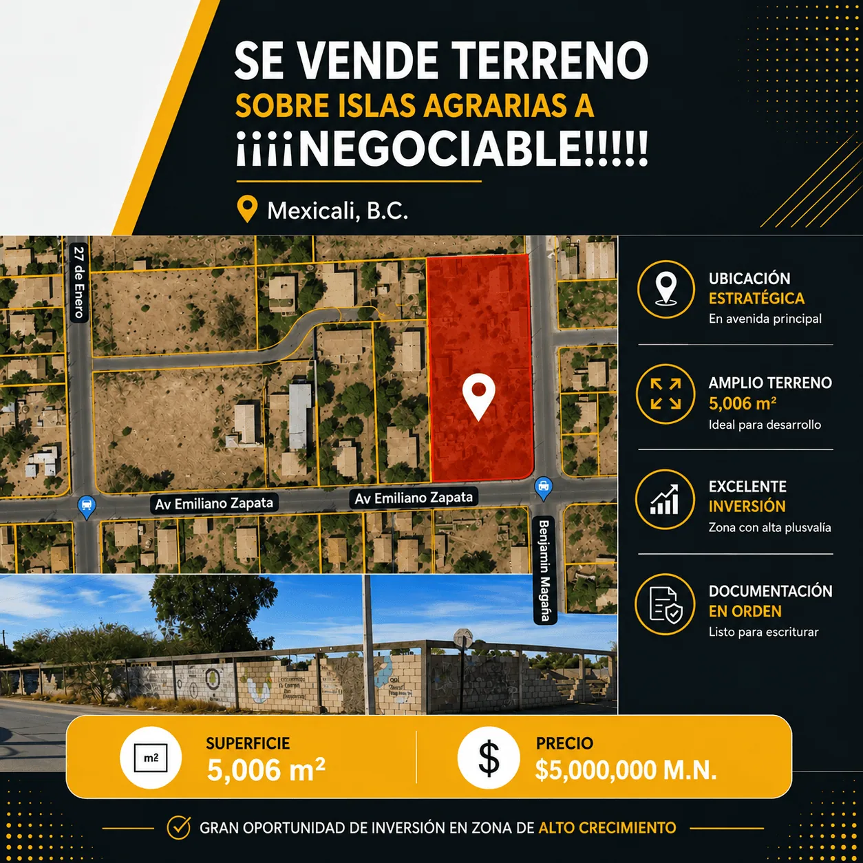 Terreno en venta en esquina en Islas Agrarias “A”, Mexicali, B.C.